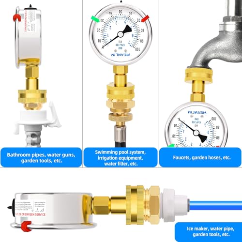 0~100Psi Liquid Filled Pressure Gauge kit Plus 5 adapters Stainless Steel Frame 3
