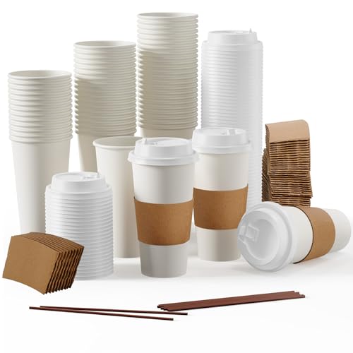 50 Pack 20 oz Disposable Paper Coffee Cups with Lids & Sleeves (50 Count)