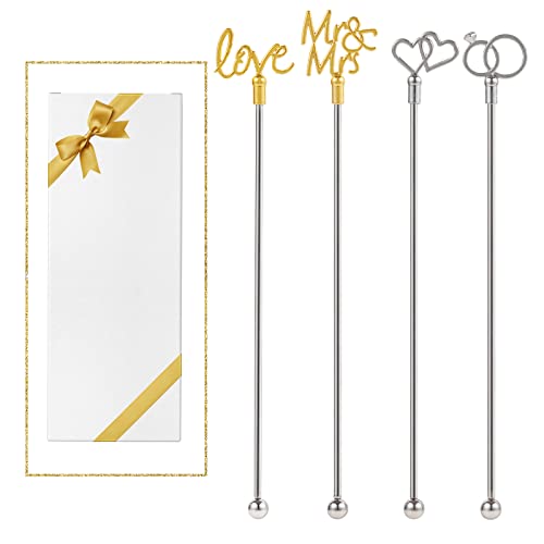 4Pcs Cocktail Stirrers Swizzle Sticks Stainless Steel 7.3" Coffee Stir Sticks with Gold Mr & Mrs