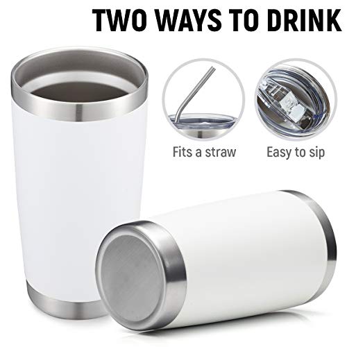 20oz White Tumbler Bulk with Straw Stainless Steel Insulated Coffee Tumbler Cups Double Wall Vacuum Travel Coffee Mug with Splash Proof Sliding Lid for Hot Cold Drinks (4 Count)