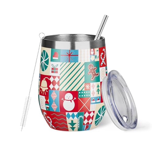Christmas Wine Tumbler 12 oz Christmas Stainless Steel Wine Glass with Lid and Straw Stemless Double Wall Insulated Wine Cups Keeping Cold & Hot for Holiday Xmas Wedding Party Gifts