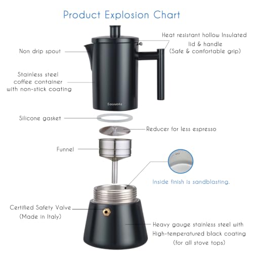 Diego Stovetop Espresso Maker Stainless Steel Italian Coffee Machine Maker 6Cup 10 oz Moka Pot Induction Espresso Pot