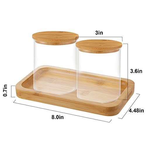 Glass Qtip Holder Dispenser with Bamboo Vanity Tray (2 Count)