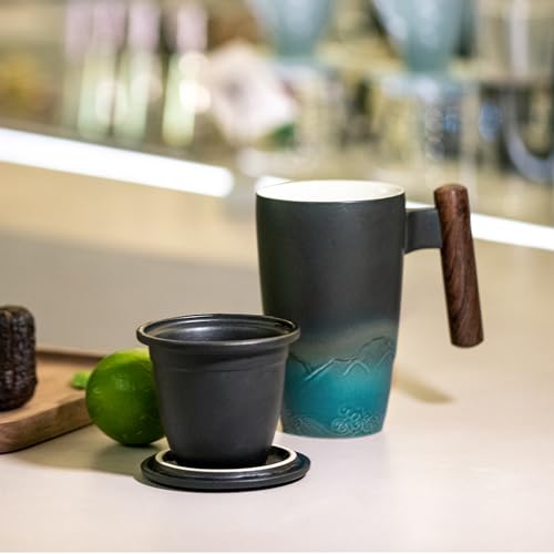 Ceramic Tea Cup with Infuser and Lid Tea Mugs Wooden Handle 400ml
