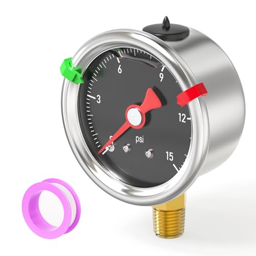 0 15PSI Stainless Steel Glycerin Filled Pressure Gauge 1.5" Black Dial Size