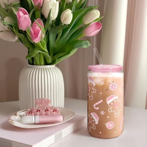 Christmas Gingerbread 16oz Can Glass Tumbler with Acrylic Lid & Straw