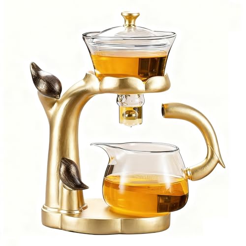 Lazy Kungfu Glass Tea Set Heat Resistant Semi Automatic Drip Rotating with Infuser Magnetic Teapot Set for Gongfu Tea Making Ideal