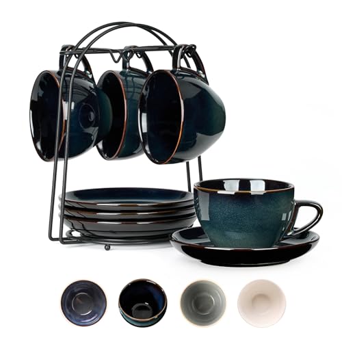 Stackable Cappuccino Cup Set of 4 [8oz] Activated Glazed Ceramic Coffee Cup (3.67 Count)