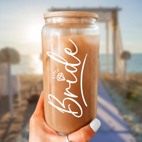 Bride Glass Coffee Cup 16 Oz with Bamboo Lid and Straw