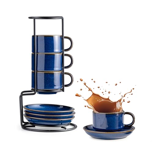 2.5oz Espresso Cups Set of 4 with Saucers Metal Rack (8.25 Count)
