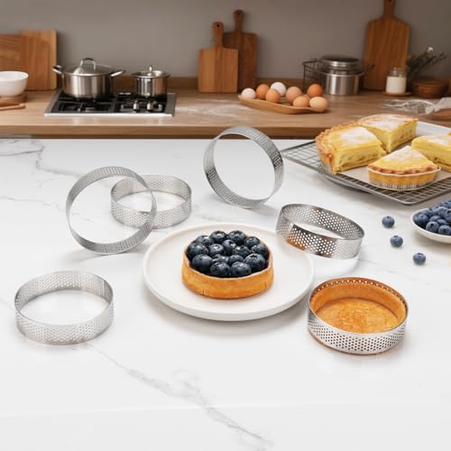 6pcs 304 Stainless Steel Round Tart Ring 3.15 inch Metal Perforated Cake Mold Pastry Molud for Circle Tartlet French Dessert Small Fruit Tarte Crust