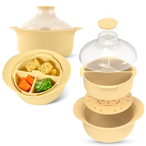 48oz Platinum Silicone 3 Compartmented Microwave Steamer Pot with Handle & Lid