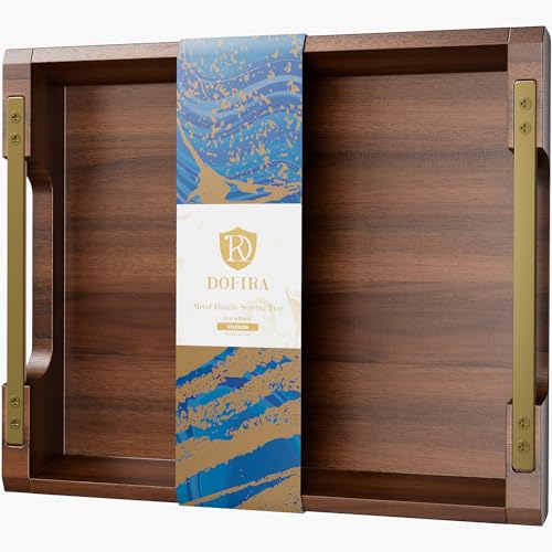 Acacia Wood Serving Tray with Metal Handles