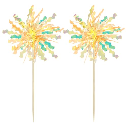 30Pcs Foil Firework Cupcake Toppers Happy Birthday Cake Toppers Tinsel Flower Drink Stirrers Cocktail Food Fruit Toothpicks for Valentine's Day Party Birthday Wedding Supplies Yellow (20 Count)