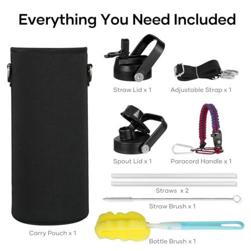 40 oz Insulated Water Bottle with Paracord Handle & Straw Spout Lids