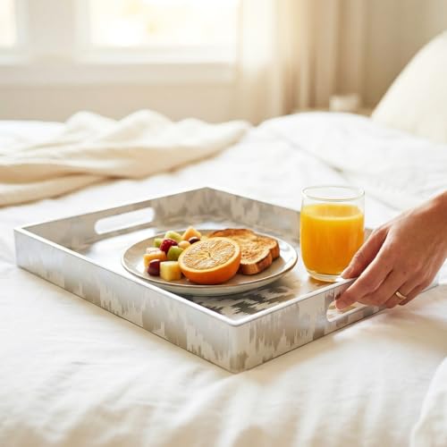 White & Silver Glitter Abstract Serving Tray with Handles