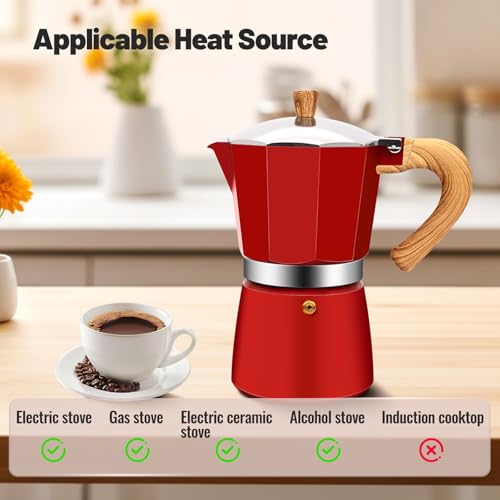 9 Cup Aluminum Moka Pot Classic Stovetop Espresso Coffee Maker 450ml 15oz Coffeemaker Percolator Mocha Pot Greca Coffee Maker Cafe Makers for Italian and Cuban Café Brewing Red
