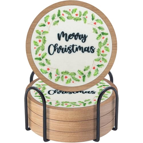 Christmas Coasters Set of 4 with Holder