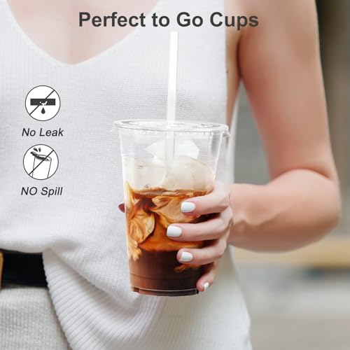 100 Pack 24 oz Clear Plastic Cups with Lids and Straws (100 Count)