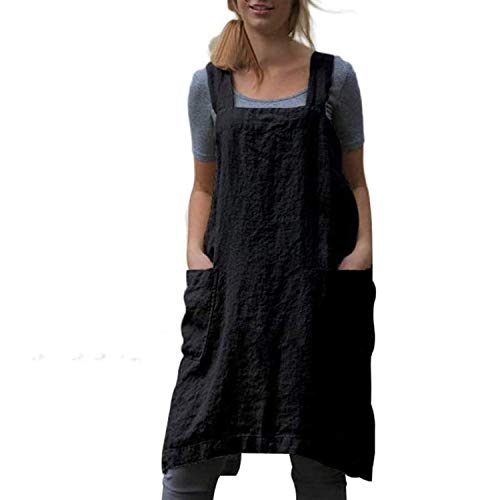 Cotton Linen Apron Cross Back Apron for Women with Pockets Pinafore Dress for Baking Cooking