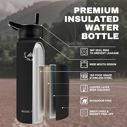 24 oz Insulated Water Bottle with Carrier Bag & 3 Lids