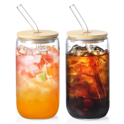 2 Pack Glass Cups with Bamboo Lids and Straws 16 oz (2 Count)