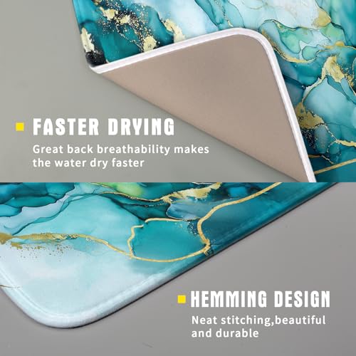 Teal Marble Dish Drying Mat Turquoise Blue Marbling Print Dish Drainer Mats 16"x18" Modern Granite Microfiber Reversible Dish Drying Rack Pad Protector for Kitchen Countertop Decor