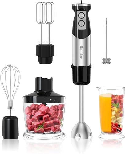 6-in-1 Hand Immersion Blender, 1000W 12 Speed Handheld Blender with 600ml Beaker, 500ml Chopper, Egg Whisk, Milk Frother, Stainless Steel Blades for Soup, Smoothie, Puree