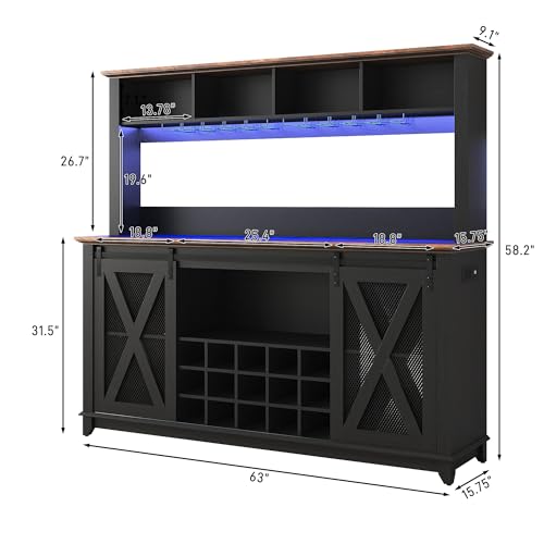 63"Wide 58"H Farmhouse Coffee Bar Cabinet with Power Outlet and LED Light