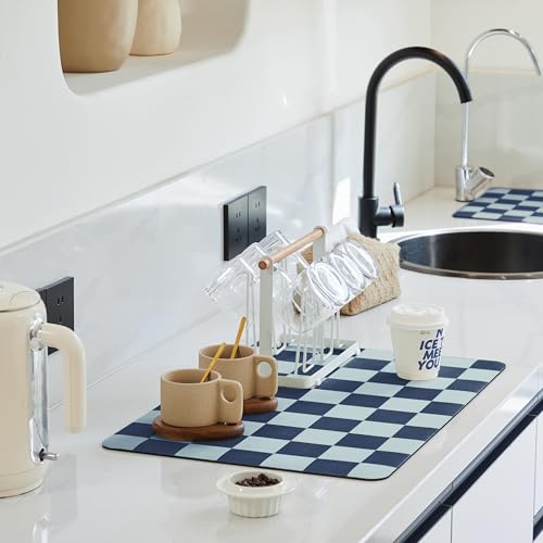 Navy Blue Checkered Dish Drying Mat for Kitchen Counter