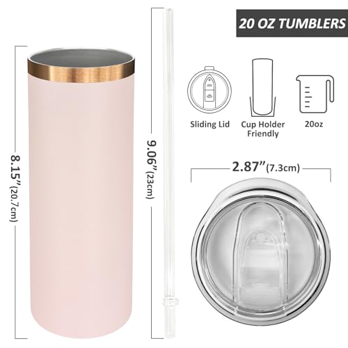 20 oz Skinny Tumblers Bulk with Lids and Straws Pink (4 Count)