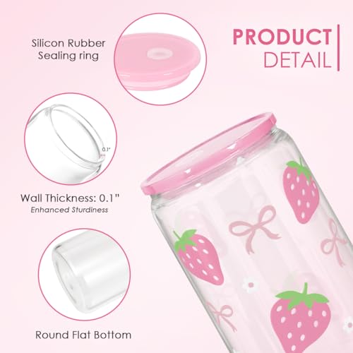 Strawberry 16 Oz Can Glass Tumbler with Acrylic Lid and Straw