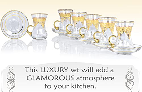 Gold Turkish Arabic Moroccan Tea Glasses Cups Set of 6 and Saucers Glassware Drinking Women Party Fancy Drinkware Style Vintage Persian Kitchen Decor Drinks (6 Count)