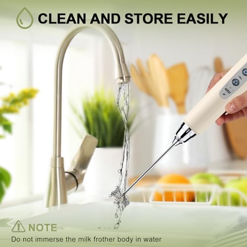 Beige Handheld Milk Frother Wand with Stand for Coffee