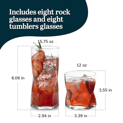 Rhombus Tumbler and Rocks Drinking Glasses Set of 16 (16 Count)