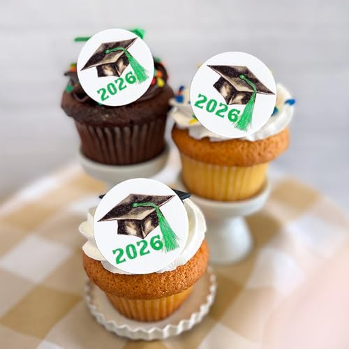 48Pcs Edible 2026 Graduation Theme Cupcake Toppers Wafer Paper Graduation Hat Graduate Cupcake Picks 2026 Students Grad Theme Party Cake Decorations Supplies Green (48 Count)