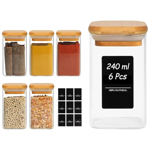 Glass Spice Jars with Labels 8 oz 6 Pack Square Bamboo Lids (6 Count)