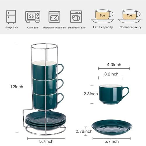 8 Ounce Stackable Cappuccino Cups with Saucers and Metal Stand (4 Count)