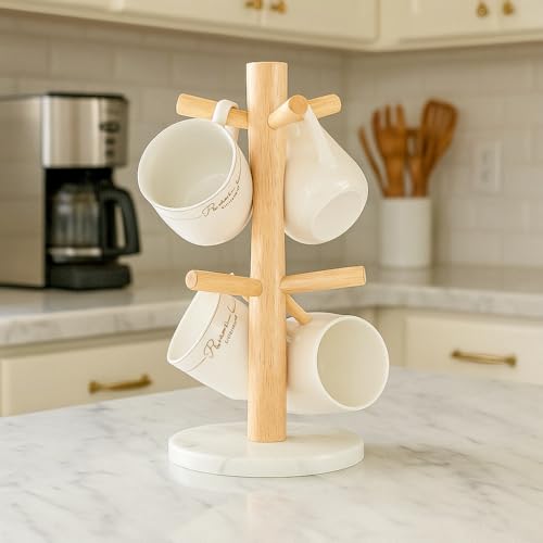 Mug Holder Marble Base with 6 Hooks Coffee Cup Rack Organizer for Countertop
