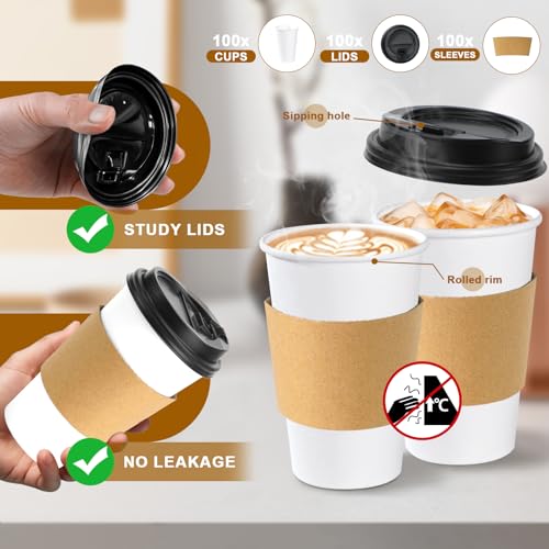 100 Pack 16 oz Disposable Coffee Cups With Lids and Sleeves (100 Count)
