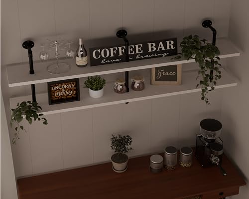Industrial Pipe Shelving Rustic White Pipe Wall Shelves Industrial Shelves with Wood Planks Floating Shelves 60 Inch Farmhouse Bathroom (2 Count)