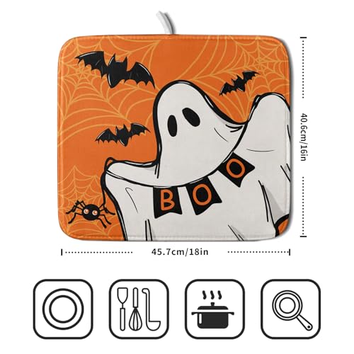 Orange Halloween Dish Drying Mat Spooky Boo Ghost Black Bats Dish Drainer Mats 16"x18" Spider Web Microfiber Reversible Dish Drying Rack Pad Protector for Kitchen Countertop Small Decor