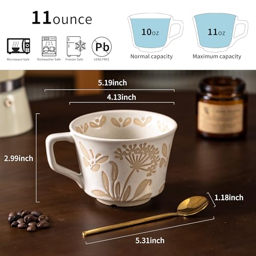 Ceramic Mugs 11 oz Unique Luxurious Cups Set of 4 with Premium Spoon