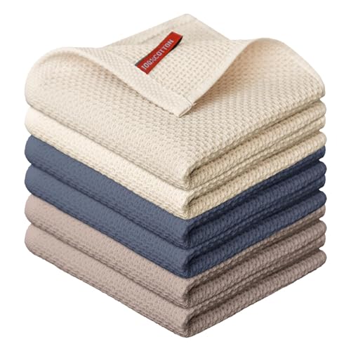 100% Cotton Beige Brown Dark Grey Waffle Weave Kitchen Dish Cloths (6 Count)
