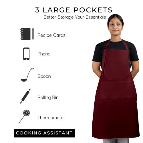 Chef Apron for Women Men with Pockets Cotton Kitchen Cooking Full Length Aprons Tawny Port