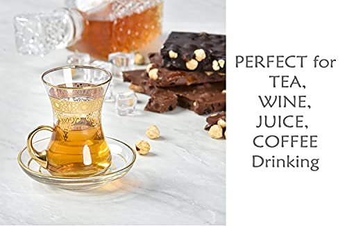 Gold Turkish Arabic Moroccan Tea Glasses Cups Set of 6 and Saucers Glassware Drinking Women Party Fancy Drinkware Style Vintage Persian Kitchen Decor Drinks (6 Count)