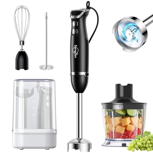 6-in-1 Immersion Blender Handheld, Hand Blender with Chopper & 34oz Blending Cup Storage Base, 2-Speed Adjustable Stick Blender,Stainless Steel Blades, Detachable Blender, Whisk, Milk Frother