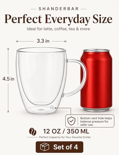 12oz Double Walled Glass Coffee Mugs with Handles (4 Count)