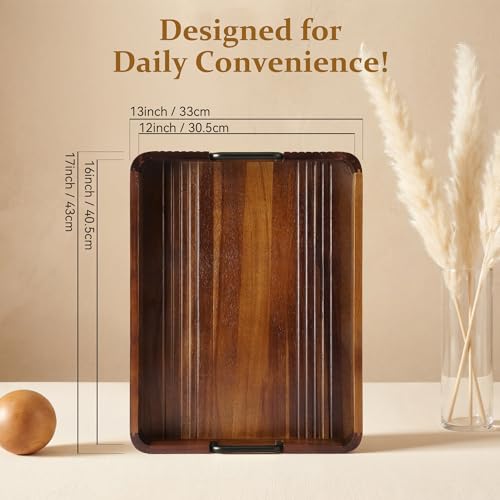 Acacia Wood Serving Tray with Metal Handle