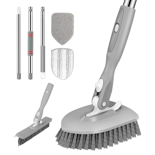 4-in-1 Tile Tub Floor Scrubber with V-Shaped Grout Brush, Gray